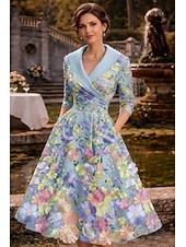 abordables Robes de cocktail-Ligne A Longueur thé Robes de Cocktail Élégant ancien Floral Demi Manches Revers Fête de jardin Mariage Poche Satin Dos Bénitier avec Fleur brodée Broderie Poche