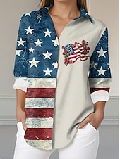 Amerikansk Uavhengighetsdag Dame Skjorte Knapper Trykk Grafikk Amerikas Jubileum Vintage Stilig Moderne Lange Ermer Skjorte Krage Vanlige topper Daglig Blå Svart Rød Rød  Blå Sommer Vår