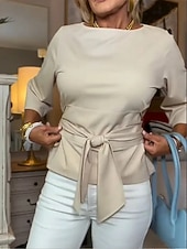 voordelige Effen Blouses-Dames Blouse strik voorkant Effen Kleur Stijlvol Casual Lange mouw Boothals Normale tops Dagelijks blauw Zwart Oranje Licht Blauw Lente Herfst