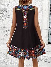 abordables Vestido Boho-Mujer Mini vestido Vestido de verano Vestido de una línea Casual Diario Festivos Holgado Floral Graphic Tribal Sin Mangas Escote en Pico Negro Beige Verano Primavera