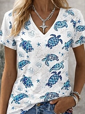 preiswerte Blumen-T-Shirt-Damen T Shirt Druck Blumen Grafik Pflanzen Vintage Stilvoll Klassisch Kurzarm V Ausschnitt Normale Oberteile Täglich Blau Weiß / blau Rosa Sommer Frühling