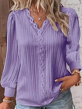 voordelige Kant Tops-Women's Lace Shirt Blouse Lace Patchwork Solid Color Stylish Casual Long Sleeve V Neck Regular Tops Daily Blue Black White Yellow Red Spring Fall