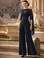 tanie Kombinezony mamy-Suit Sięgająca podłoża Sukienka dla matki panny młodej Rękaw 1/2 Lejący się dekolt Elegancja Formalny Gość weselny Koronka Rozciągliwy szyfon z Cekin Haft nakładany