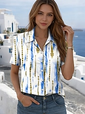 voordelige Kunst en Ontwerp Blouses-Dames Overhemd Knop Afdrukken Grafisch Geometrisch Vintage Stijlvol Modern Korte mouw Overhemdkraag Normale tops Dagelijks blauw Geel Rood Groen Zomer Lente
