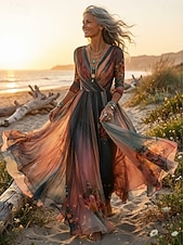 Χαμηλού Κόστους Boho Φόρεμα-γυναικείο μακρύ φόρεμα μάξι φόρεμα casual φόρεμα swing φόρεμα φλοράλ καλοκαιρινό φόρεμα boho φόρεμα vintage διακοπές καθημερινό εορταστικό κανονική εφαρμογή φλοράλ μακρυμάνικο ντεκολτέ V μπλε καλοκαίρι