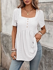 economico Bluse Eleganti-Per donna Camicia Camicia traforata Top traforato Blusa Bottoni Semplice Vintage Elegante Classico Manica Corta Collo quadrato Top Regolari Casuale Quotidiano Spiaggia Nero Bianco Rosa Azzurro cielo
