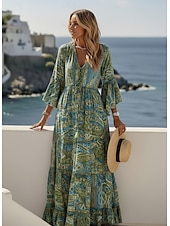 preiswerte Urlaubs Boho Kleid-Damen Maxikleid Boho-Kleid Freizeitkleid Schwingkleid A Linie Kleid Vintage Lässig Täglich Normale Passform Blumen Langarm V Ausschnitt Blau Rote Purpur Orange Sommer Frühling Herbst