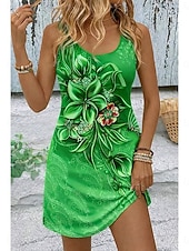 billiga Blommiga klänningar-Dam Mini klänning Solklänning A linjeklänning Sommarklänning Semester Ledigt Boho Strand Fest Bröllop Smal Blommig Grafisk Ärmlös U-hals Blå Gul Rodnande Rosa Rubinrött Sommar Vår