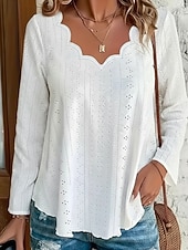 abordables Blusas Elegantes-Mujer Camisa de punto Parte superior con ojales Blusa Ahuecado Plano Activo Casual Manga Larga Escote en Pico Tops regulares Casual Diario Playa Azul Piscina Negro Blanco Rosa Verde Trébol Verano