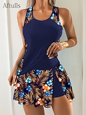 preiswerte Tankinis-Damen Badeanzug Tankini Zweiteilig Rock Bademode Kordelzug Bauchkontrolle Hohe Taille Schlank Rückenfrei Urlaub Strandbekleidung Blumen Leopard U-Ausschnitt Ärmellos Badeanzüge