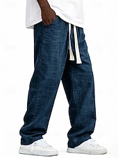 cheap Classic-Men's Linen Pants Trousers Summer Pants Baggy Pants Pocket Elastic Waist Straight Leg Solid Color Comfort Comfortable Full Length Casual Daily Holiday Vacation Fashion Blue Black Inelastic