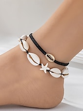 baratos Acessórios de férias-Conjunto de tornozeleiras femininas estilo boêmio com conchas, multicoloridas, ajustáveis, perfeitas para férias na praia e uso casual no dia a dia.