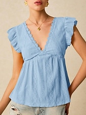 tanie Zwykły zbiornik-Damskie Bezrękawnik Falbana Oczko Równina Moda Elegancki Klasyczny Bez rękawów W serek Zwykłe topy Codzienny Wyjściowe Weekend Czarny Biały Kawowy Jasnoniebieski Lato Wiosna