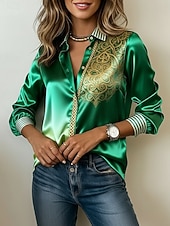 cheap Art&amp;Design Blouses-Women's Shirt Satin Shirt Print Floral Graphic Bohemia Vintage Classic Long Sleeve Shirt Collar Regular Tops Daily Holiday Going out White Gold Green Summer Spring Fall