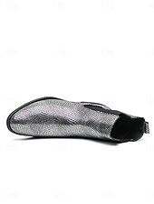 voordelige Heren-Metallic zilveren Chelsea boots voor heren met spitse neus, modieuze enkellaarsjes voor muziekfestivals, podiumoptredens, concerten, feestjes, streetstyle en opvallende mode-looks.