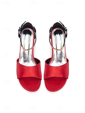 voordelige Hakken Sandalen-Damessandalen uit de jaren 50 in vintage rood satijn - elegante pumps met middelhoge blokhak en enkelbandje met bloemenprint, perfect voor rockabillyfeesten en retro gala's. &amp;zomerse sociale