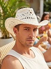 Χαμηλού Κόστους Ανδρικά καπέλα-Ανδρικό ψάθινο καουμπόικο καπέλο western σε πολλά χρώματα, υφαντό καλοκαιρινό καπέλο ηλίου για διακοπές στην παραλία, ρούχα western στυλ, ρούχα σε θέρετρα και καλοκαιρινά πάρτι