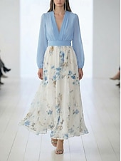preiswerte Elegante Blumenkleider-Damen Langes Kleid Maxikleid Freizeitkleid Chiffonkleid Blumenkleid Elegant Mode Romantisch Outdoor Ferien Date Normale Passform Blume Langarm V Ausschnitt Blau Weiß Sommer Frühling
