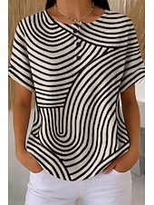 cheap Stripe&amp;Geometric tee-Women's Waffle Textured Knit Tops T Shirt Color Block Graphic Geometry Fashion Basic Modern Short Sleeve Crew Neck Henley Regular Tops Daily Sports Brown And White Black and White Summer Spring