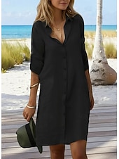 levne Šaty-Dámské Mini šaty Mieszanka bawełny Košilové šaty Bílé bavlněné šaty Bodycon šaty prázdniny Základní Moderní Denní Víkend Volný Bez vzoru 3/4 délka rukávu Košilový límec Vodní modrá Černá Bílá Šedá