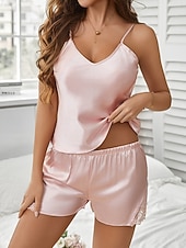 preiswerte Damen Nachthemden und Sleepshirts-Damen Schlafanzug Freizeitkleidung Lässig Einfarbig Spitze Elastischer Bund Rückenfrei Shorts Urlaub Straße Date Ärmellos V Ausschnitt Rosa Rote Purpur Grün Beige Sommer Frühling Normale Passform