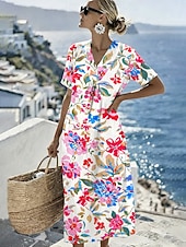  Women's Midi Dress Shift Dress Sundress Vacation Casual Beach Daily Going out Regular Fit Ombre Floral Graphic Short Sleeve V Neck Blue Pink Red Green Summer Spring