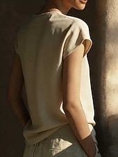 cheap Essential Faux Shirts-Women's T Shirt Cotton Linen T Shirt Faux Cotton Linen Tee Top Patchwork Plain Classic Casual Short Sleeve V Neck Regular Tops Daily Going out Weekend Sky Blue Apricot Gray Summer Spring