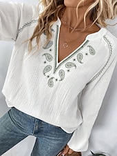 abordables Blouses &amp; Shirts-Women's Shirt Blouse Embroidered Print Floral Classic Modern Casual Long Sleeve V Neck Regular Tops Daily Outdoor Holiday White Summer Spring