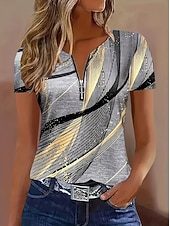 Недорогие Полосатая и геометрическая футболка-Жен. Футболка Цветовые блоки Четверть молния Графика Геометрический принт Абстракция тропический Гавайский Стиль С короткими рукавами Вырез под горло Обычные топы Свадьба на пляже Повседневные Спорт