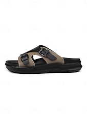 abordables Men-Men's Black and White Double Strap Slide Sandals Open-Toe Comfort Casual Slippers for Resort &amp; Poolside, Beach Vacation, Poolside Relaxing, Travel, Outdoor Leisure and Summer Everyday Wear