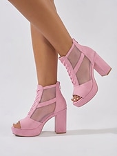 abordables Sandalias de Plataforma-Sandalias profesionales de tacón de malla negra para mujer - zapatos de oficina transpirables con tacón de bloque y cierre de cordones seguro en la parte delantera. &amp;Sandalias abiertas para el trabajo
