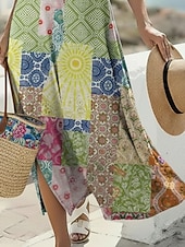 abordables Vestido Boho-Mujer Vestido Midi Vestido bohemio Vestido informal Vestido de una línea Vestido Estampado Vintage Exterior Vacaciones Fin de semana Ajuste regular Floral Plaid Manga Corta Escote en Pico Verde Trébol