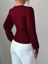 billiga Kostymblusar-Dam Skjorta Blus Långärmade toppar Rynkad Slät Mode Stylish Klassisk Långärmad V-hals Vanliga toppar Dagligen Helgdag Utekväll Svart Vin Aprikos Sommar Vår