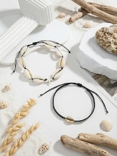 baratos Acessórios de férias-Conjunto de tornozeleiras femininas estilo boêmio com conchas, multicoloridas, ajustáveis, perfeitas para férias na praia e uso casual no dia a dia.