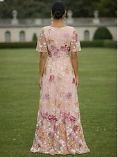 voordelige Vloerlengte-A-lijn Jurken Tot de grond Feestjurk Cocktail jurk Moeder van de bruid jurk Korte mouw V-hals Elegant Vintage Luxueus Formeel Bruiloft gast Kentucky Derby Chiffon Tule met Bloemenprint Borduurwerk