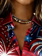  Camicia da donna in raso per il 250° anniversario dell'indipendenza americana, stampa bandiera americana, moda vintage, manica lunga, colletto, top normali, per tutti i giorni, per le vacanze, per