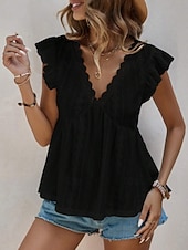 tanie Zwykły zbiornik-Damskie Bezrękawnik Falbana Oczko Równina Moda Elegancki Klasyczny Bez rękawów W serek Zwykłe topy Codzienny Wyjściowe Weekend Czarny Biały Kawowy Jasnoniebieski Lato Wiosna