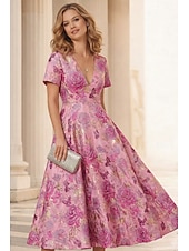 economico Abiti da cocktail-Linea ad A Lunghezza alla caviglia Lunghezza Tè Abito Formale Abiti da Cocktail Elegante Manica Corta Scollo a V Matrimonio Formale Jacquard con Pieghe