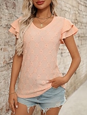 baratos Blusas Elegantes-Mulheres Camisa Social Topo de ilhó Blusa Patchwork Tecido à moda Clássico Moderno Manga Curta Decote V Tops regulares Diário Feriado Para Noite Preto Azul Céu Roxo Claro Laranja Verde Verão Primavera