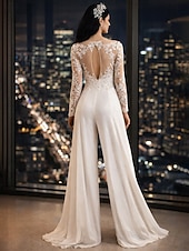 preiswerte Overalls für Mütter-Strandhochzeit Halle Lässige Hochzeitskleider Jumpsuits Illusion Hals Langarm Bodenlang Chiffon Brautkleider Mit Applikationen