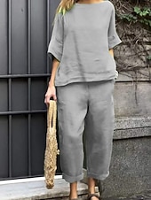 preiswerte Blusenanzüge für Damen-Damen Hosen-Sets Kunstbaumwollleinen Dreiviertelarm Rundhalsausschnitt Einfarbig Elegant Mode Streetwear Lässig Täglich Outdoor Schwarz Weiß Gelb Sommer Normale Passform
