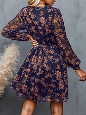 voordelige Chiffon Jurken-Dames Mini-jurk Casual jurk Chiffon jurk Jurk met print Elegant Modieus Modern Buiten Vakantie Uitgaan Normale pasvorm Bloemig Lange mouw V-hals blauw Zwart Leger Groen Paars Zomer Lente Herfst