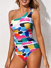 abordables Maillots de bain une pièce-Femmes Maillots de Bain Une Pièce Monokini Maillot de bain Contrôle du ventre Taille haute Mince Dos nu Vacances Tenues de plage Fleuri Léopard Col asymétrique Sans manches Maillots de bain