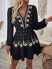 preiswerte Lässige Blumenkleider-Damen Minikleid Boho-Kleid Freizeitkleid Elegant Mode Modern Outdoor Urlaub Ausgehen Normale Passform Blumen Langarm V Ausschnitt Schwarz Wein Rote Grün Sommer Frühling