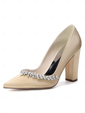cheap Bride-Women's Nude Chunky Heeled Wedding Shoes with Crystal Detail - Elegant Bridal Heels for Garden Weddings