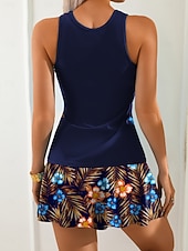 preiswerte Tankinis-Damen Badeanzug Tankini Zweiteilig Rock Bademode Kordelzug Bauchkontrolle Hohe Taille Schlank Rückenfrei Urlaub Strandbekleidung Blumen Leopard U-Ausschnitt Ärmellos Badeanzüge