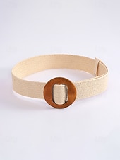 abordables Accesorios de vacaciones-Cinturón tejido bohemio para mujer con hebilla de madera vintage, cinturón de malla de paja para vestir, ideal para vacaciones de verano en la playa y uso diario informal, disponible en varios colores.