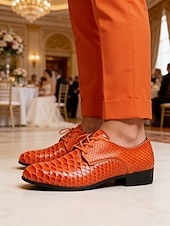baratos Sapatos Derby-Sapatos sociais masculinos em couro sintético laranja vibrante com estampa de cobra, bico fino e cadarço, ideais para baladas, festas, ocasiões especiais e casamentos.