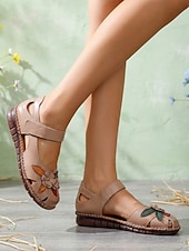 olcso Női lapos sarkú cipők-női bézs színű, valódi bőr Mary Jane szandál - vintage virágmintás, marhabőrből készült kényelmes cipő hétköznapi sétákhoz &amp;utazás