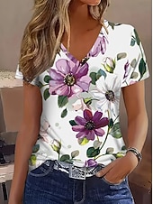 preiswerte Blumen-T-Shirt-Damen T Shirt Druck Blumen Grafik Pflanzen Stilvoll Klassisch Lässig Kurzarm V Ausschnitt Normale Oberteile Täglich Violett Sommer Frühling